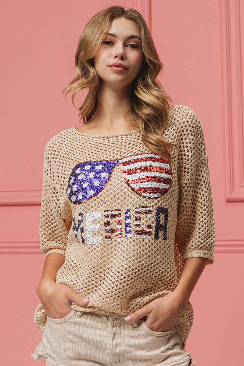 BiBi Sequin Top Open‑Knit American Flag Sunglasses Lightweight Short Sleeve