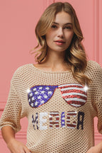 BiBi Sequin Top Open‑Knit American Flag Sunglasses Lightweight Short Sleeve