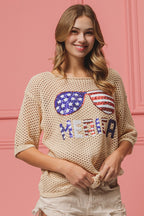 BiBi Sequin Top Open‑Knit American Flag Sunglasses Lightweight Short Sleeve