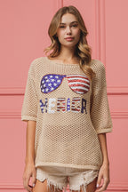 BiBi Sequin Top Open‑Knit American Flag Sunglasses Lightweight Short Sleeve
