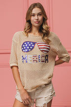 BiBi Sequin Top Open‑Knit American Flag Sunglasses Lightweight Short Sleeve