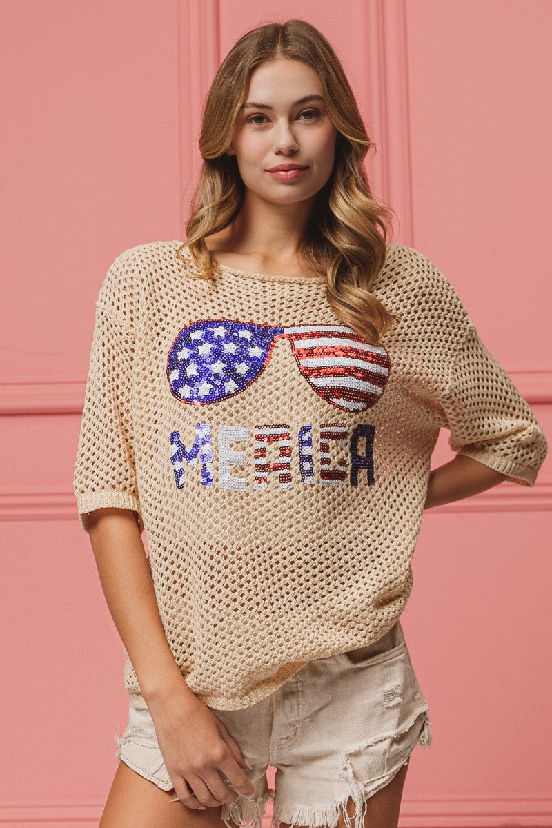 BiBi Sequin Top Open‑Knit American Flag Sunglasses Lightweight Short Sleeve