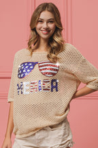 BiBi Sequin Top Open‑Knit American Flag Sunglasses Lightweight Short Sleeve