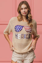BiBi Sequin Top Open‑Knit American Flag Sunglasses Lightweight Short Sleeve