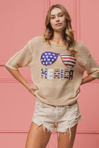 BiBi Sequin Top Open‑Knit American Flag Sunglasses Lightweight Short Sleeve