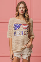BiBi Sequin Top Open‑Knit American Flag Sunglasses Lightweight Short Sleeve