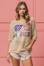 BiBi Sequin Top Open‑Knit American Flag Sunglasses Lightweight Short Sleeve
