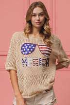 BiBi Sequin Top Open‑Knit American Flag Sunglasses Lightweight Short Sleeve