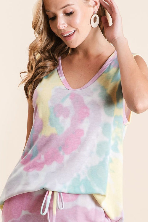 BiBi Tie Dye Casual Tank Top Cotton Sleeveless French Terry Loose Blouse