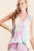 BiBi Tie Dye Casual Tank Top Cotton Sleeveless French Terry Loose Blouse