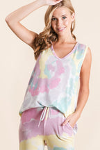 BiBi Tie Dye Casual Tank Top Cotton Sleeveless French Terry Loose Blouse