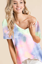 BiBi Tie-Dye Cotton T-shirt Jersey V-Neck Short Sleeve Casual Loose Blouse