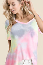 BiBi Tie-Dye Cotton T-shirt Jersey V-Neck Short Sleeve Casual Loose Blouse