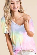 BiBi Tie-Dye Cotton T-shirt Jersey V-Neck Short Sleeve Casual Loose Blouse