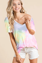 BiBi Tie-Dye Cotton T-shirt Jersey V-Neck Short Sleeve Casual Loose Blouse