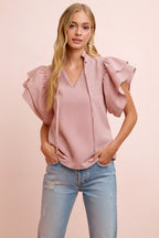BiBi Casual Blouse Twill Striped Red Ruffle Short Sleeve V-Neck Tied Top