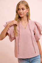 BiBi Casual Blouse Twill Striped Red Ruffle Short Sleeve V-Neck Tied Top
