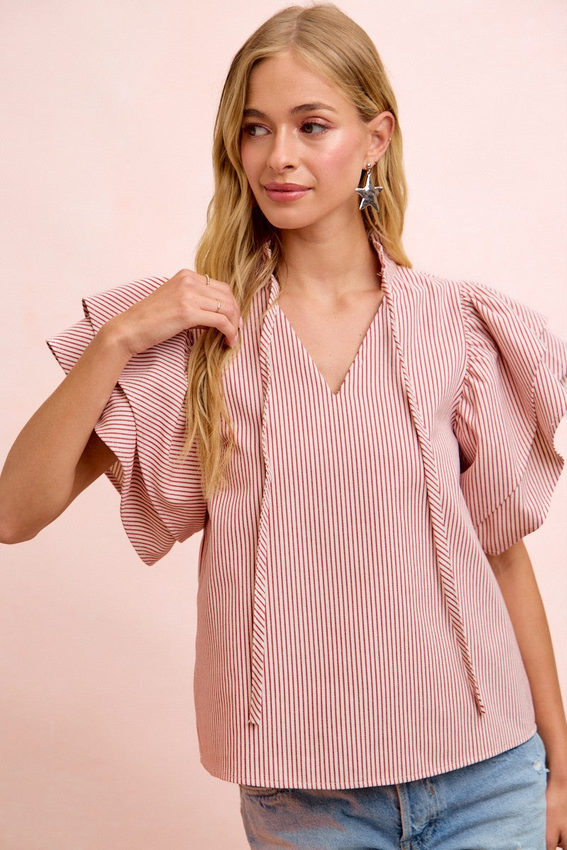 BiBi Casual Blouse Twill Striped Red Ruffle Short Sleeve V-Neck Tied Top