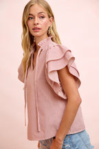 BiBi Casual Blouse Twill Striped Red Ruffle Short Sleeve V-Neck Tied Top