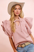 BiBi Casual Blouse Twill Striped Red Ruffle Short Sleeve V-Neck Tied Top