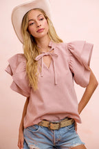 BiBi Casual Blouse Twill Striped Red Ruffle Short Sleeve V-Neck Tied Top