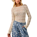 BiBi Casual Blouse Floral Lace Ruffles Stripe Lightweight Long Sleeve Top Cream
