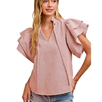 BiBi Casual Blouse Twill Striped Red Ruffle Short Sleeve V-Neck Tied Top