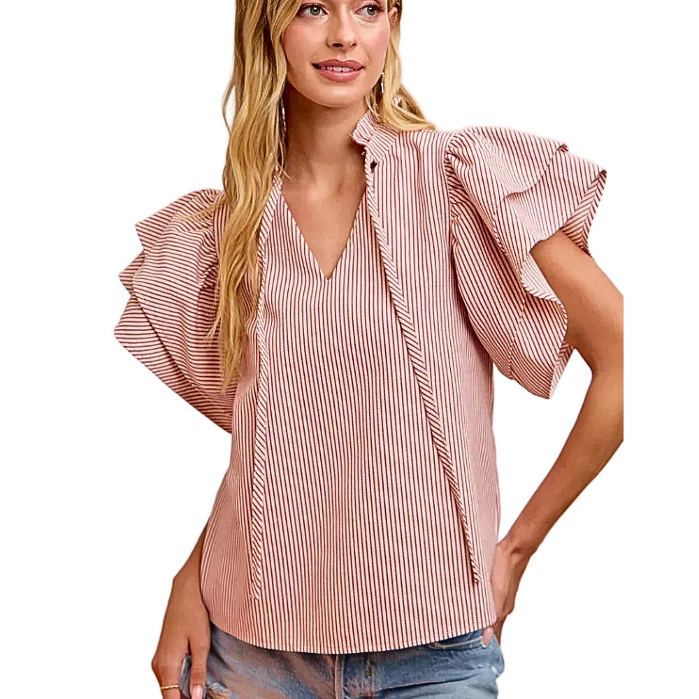 BiBi Casual Blouse Twill Striped Red Ruffle Short Sleeve V-Neck Tied Top