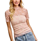 BiBi Mesh Top Ruffle High Neck Rose Bow Pattern Short Sleeves Casual Blouse