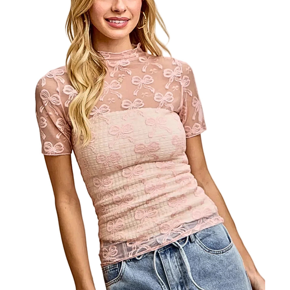 BiBi Mesh Top Ruffle High Neck Rose Bow Pattern Short Sleeves Casual Blouse