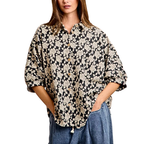 BiBi Oversized Floral Hemd Jacquard Lässiges Button-Up Kurzarm-Top S-XL