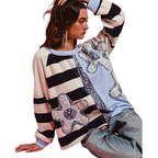 BiBi Oversized Sweatshirt Gestreiftes Blumen-Patch Rundhals Langarm-Pullover