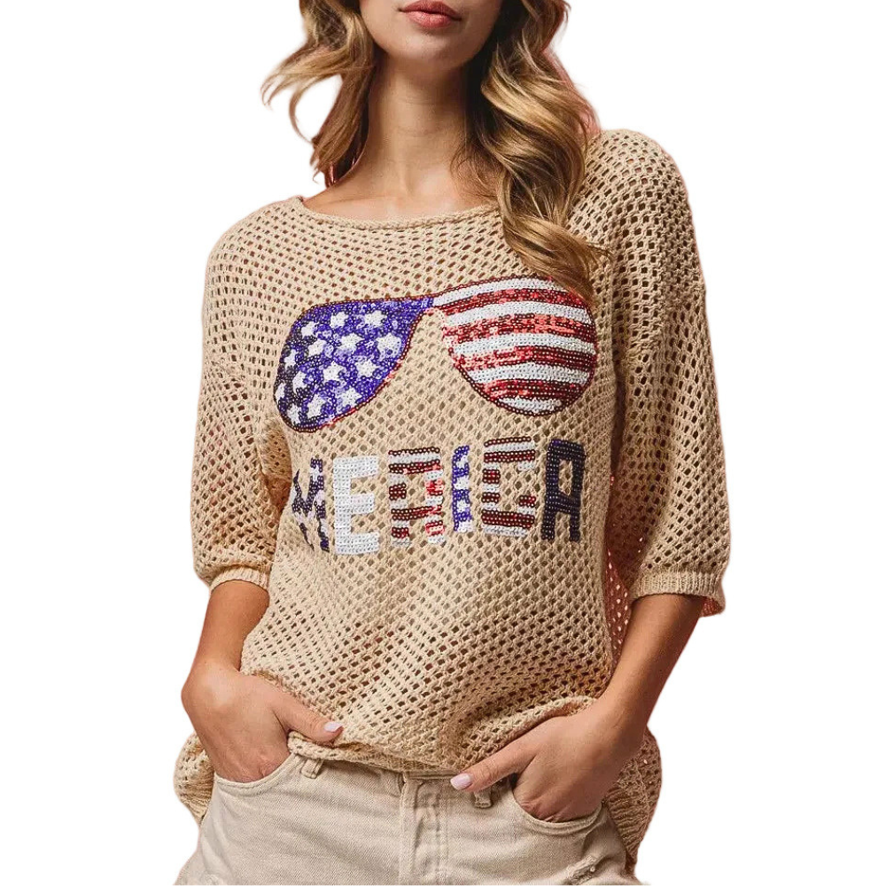 BiBi Sequin Top Open‑Knit American Flag Sunglasses Lightweight Short Sleeve