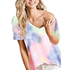 BiBi Tie-Dye Cotton T-shirt Jersey V-Neck Short Sleeve Casual Loose Blouse