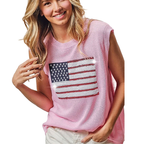 BiBi American Flag Sequin Oversized Knit Top Sleeveless Pink Lightweight Top