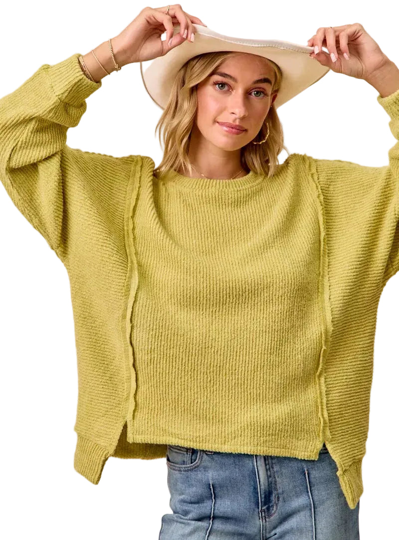 BiBi Boucle Rib Knit Uneven Hem Sweater With Open Seam