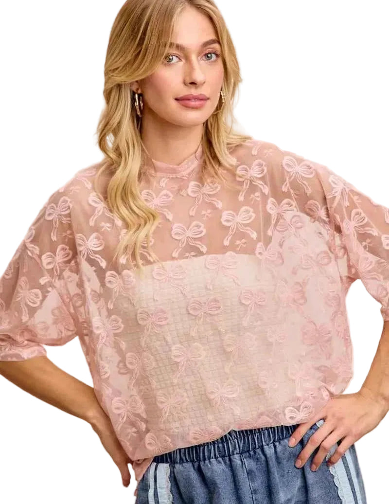 BiBi Bow Pattern Short Sleeve Boxy Mesh Top – Women’s Sheer Casual Tee