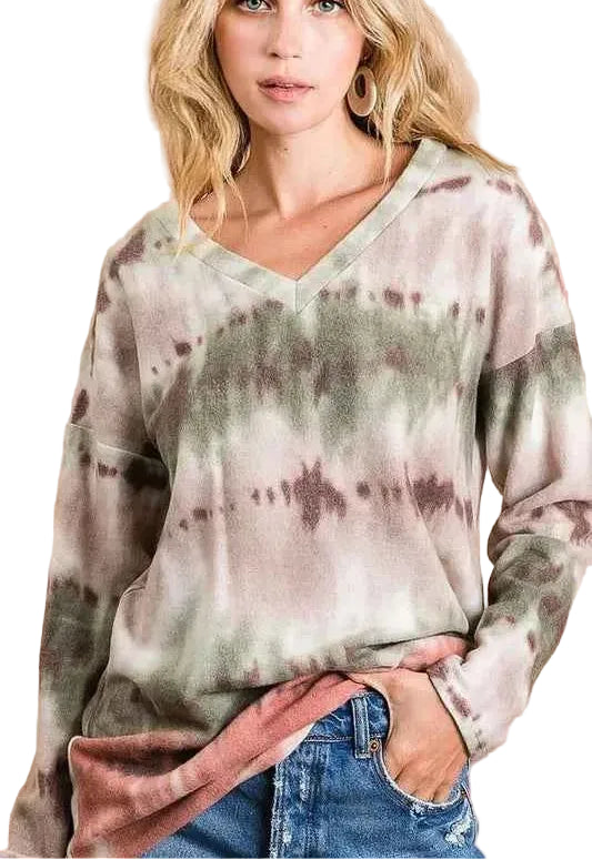 BiBi Brushed Tie Dye V‑Neck Top Women’s Casual Tie Dye Knit Shirt - STYLEINGER