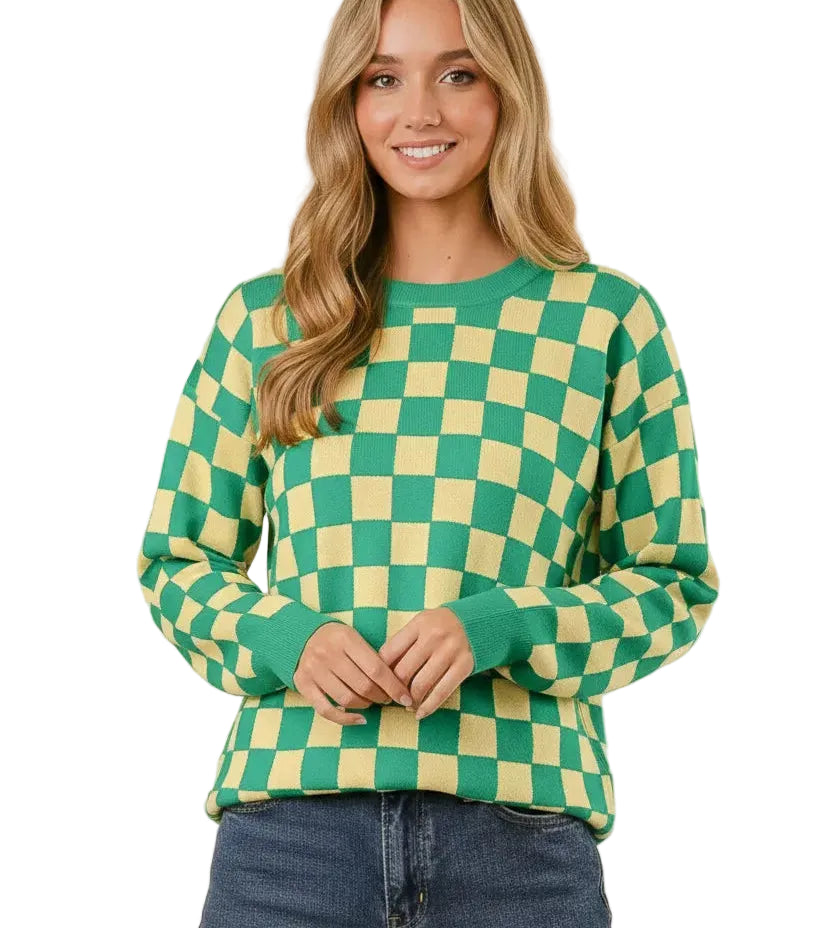 BiBi Checkered Pattern Sweater Women Multi Color Knit Casual Pullover S-XL - STYLEINGER