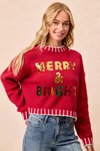 BiBi Christmas Theme Sweater Sequin Lattering Womens Red Knit Pullover RED BiBi_Christmas_Theme_Sweater_Sequin_Lattering_Womens_Red_Knit_Pullover Trendsi