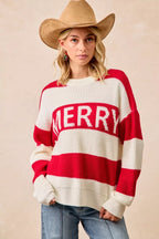 BiBi Christmas Women's Sweater Ivory Red Stripe Merry Lettering Oversized IVORY RED BiBi_Christmas_Women_s_Sweater_Ivory_Red_Stripe_Merry_Lettering_Oversized Trendsi