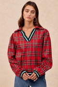 BiBi Christmas Womens Blouse Red Plaid Collared Top with Ruffled Detail RED BiBi_Christmas_Womens_Blouse_Red_Plaid_Collared_Top_with_Ruffled_Detail Trendsi