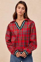 BiBi Christmas Womens Blouse Red Plaid Collared Top with Ruffled Detail RED BiBi_Christmas_Womens_Blouse_Red_Plaid_Collared_Top_with_Ruffled_Detail Trendsi