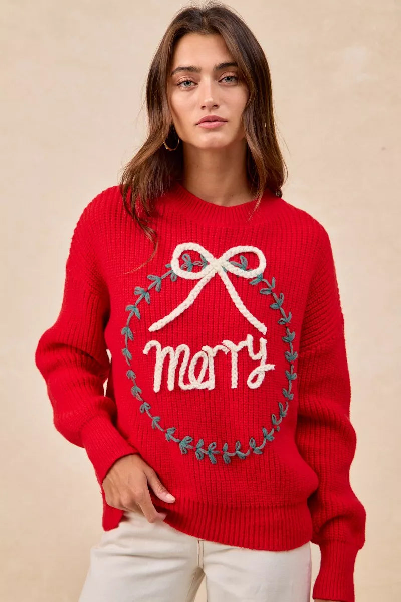 BiBi Christmas Womens Pullover Red Wreath Merry Letter Knit Top RED BiBi_Christmas_Womens_Pullover_Red_Wreath_Merry_Letter_Knit_Top Trendsi