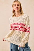 BiBi Christmas Womens Sweater Ivory Red Cable Knit Knit Pullover RED BiBi_Christmas_Womens_Sweater_Ivory_Red_Cable_Knit_Knit_Pullover Trendsi