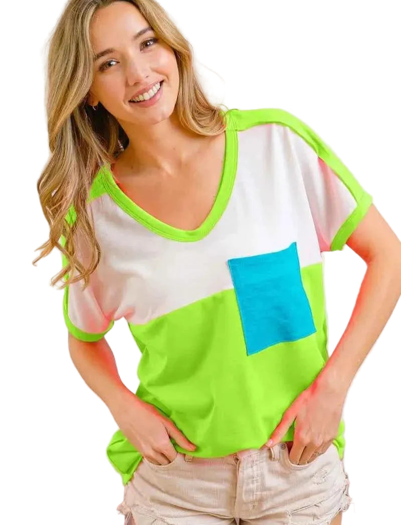 BiBi Color Block Neon Trim Pocket T‑Shirt – Women’s Casual Short Sleeve Top