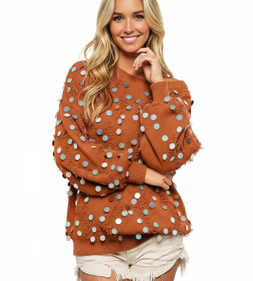 BiBi Distressed Effect Spangled Sweater Bishop Sleeve Women’s Knit Top - Styleinger