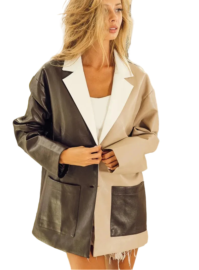 BiBi Faux Leather Color Block Single Blazer