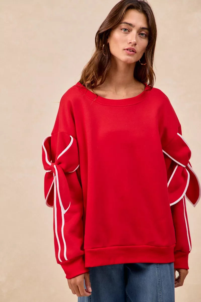 BiBi Fleece Sweatshirt Red Bow Detail Sleeves Womens Pullover RED WHITE BiBi_Fleece_Sweatshirt_Red_Bow_Detail_Sleeves_Womens_Pullover Trendsi