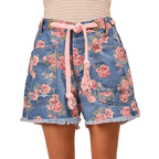 BiBi Floral Denim Shorts Drawstring High Waist Raw Tassel Hem Casual Front Pockets